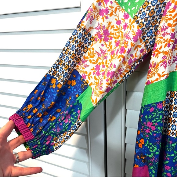 Fate Womens All In Good Time Green Patchwork Mini Dress Sz Small Floral Popover - Picture 12 of 14